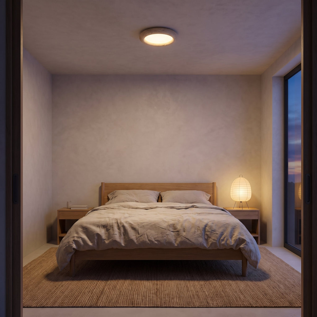 Natural Travertine LED Oyster Ceiling Light, Ø40 cm, glowing warm white on the ceiling of a Japandi bedroom