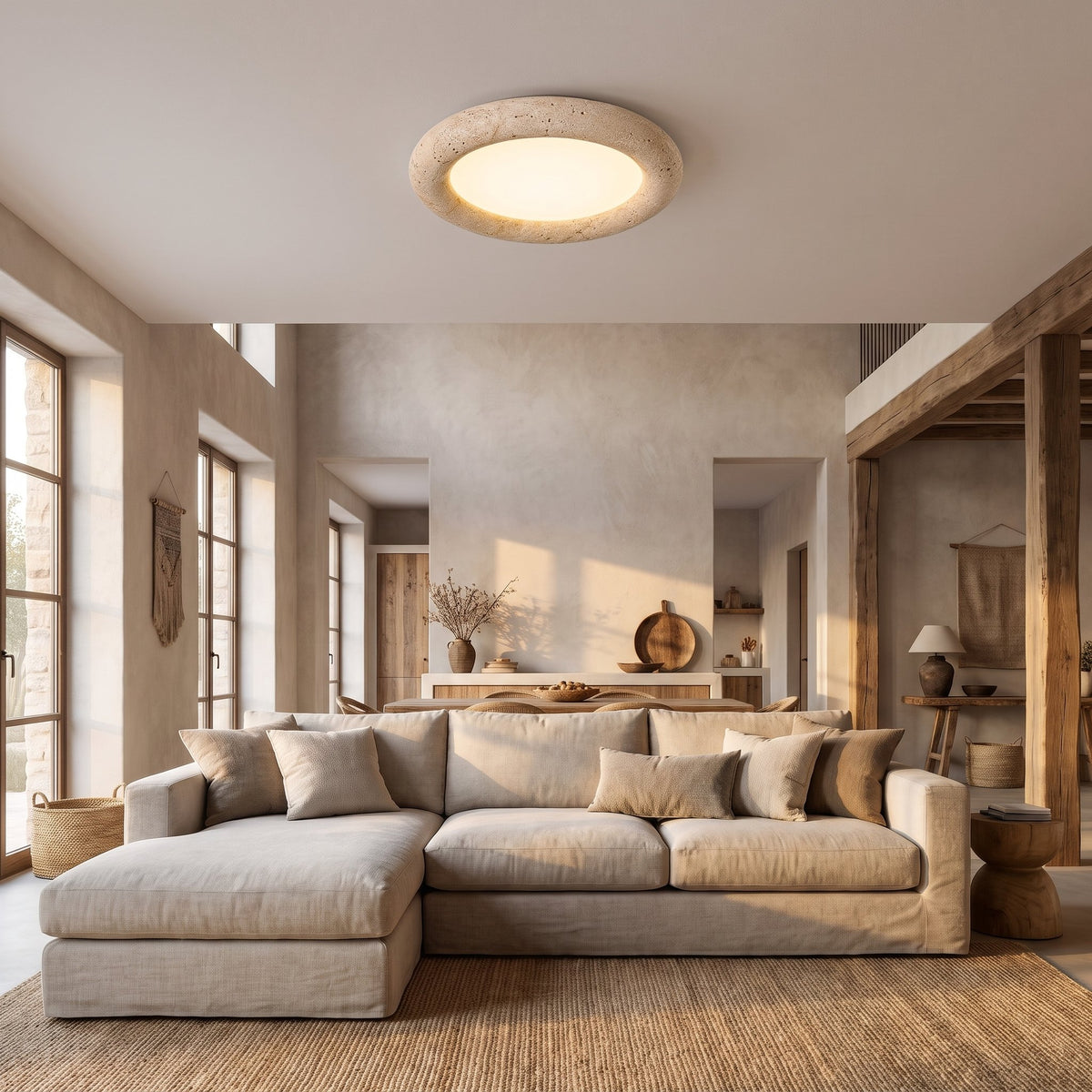 Natural Travertine LED Oyster Ceiling Light, Ø60 cm, on the high ceiling of an open-plan living room