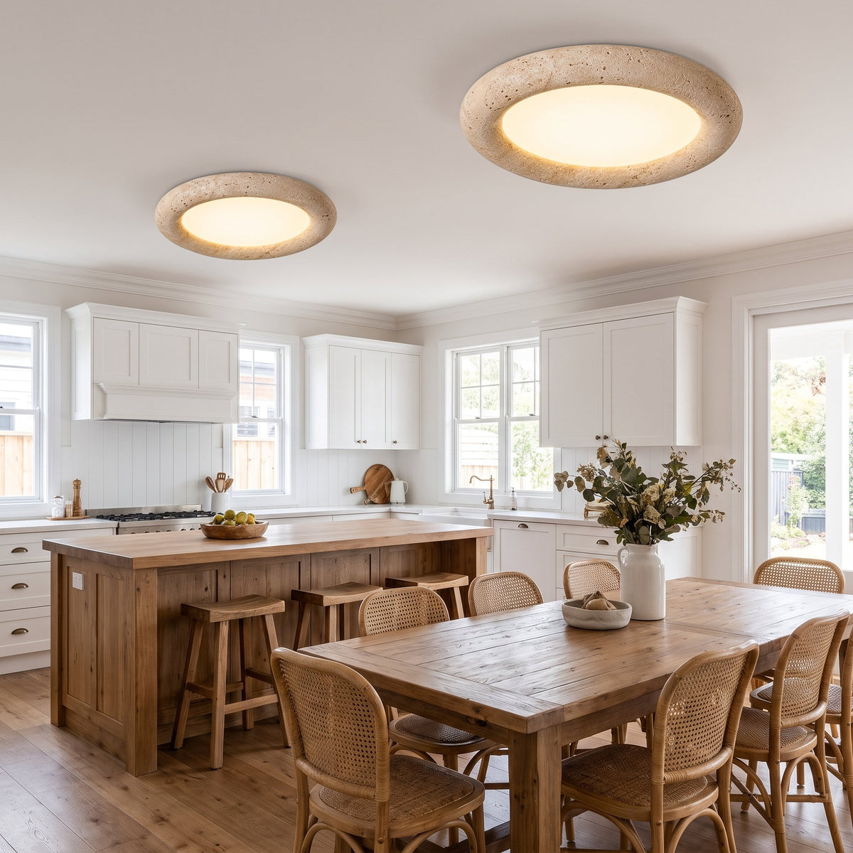 Two Natural Travertine LED Oyster Ceiling Lights, Ø50 cm, on a kitchen ceiling above the island and above a dining table