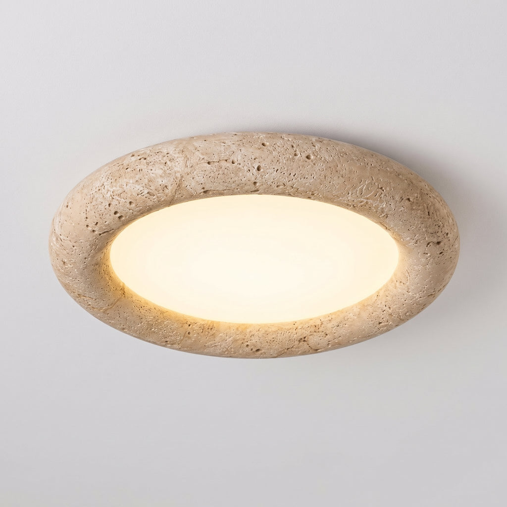 Natural Travertine LED Oyster Ceiling Light close-up showing the porous travertine ring and soft diffuser