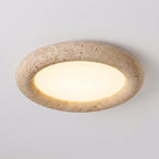 Natural Travertine LED Oyster Ceiling Light close-up showing the porous travertine ring and soft diffuser