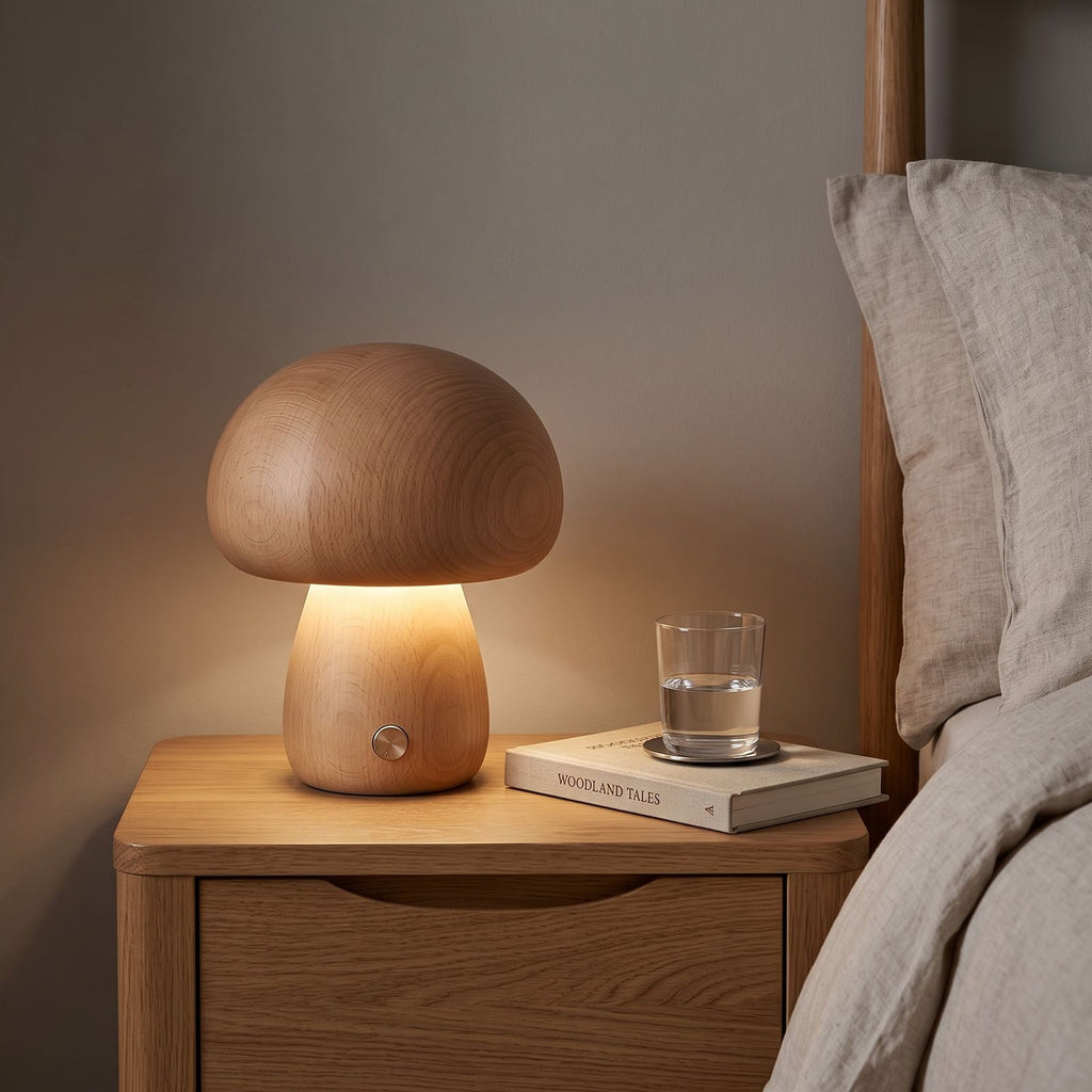 Natural Wood Mushroom Touch LED Table Lamp on a bedside table