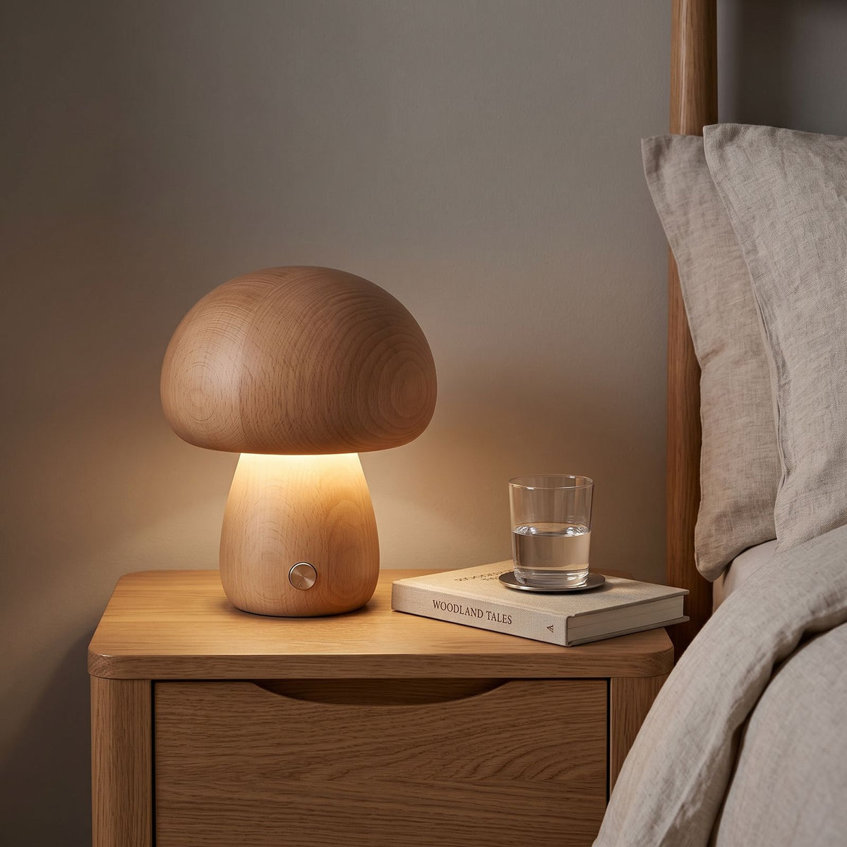 Natural Wood Mushroom Touch LED Table Lamp on a bedside table