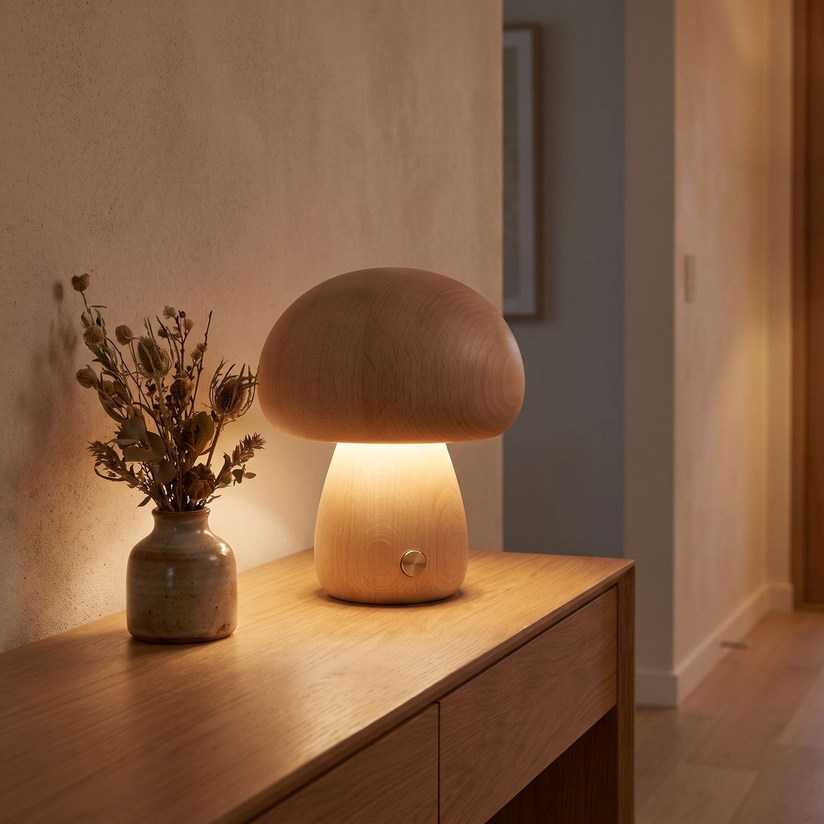 Wood mushroom touch LED table lamp on an entry console