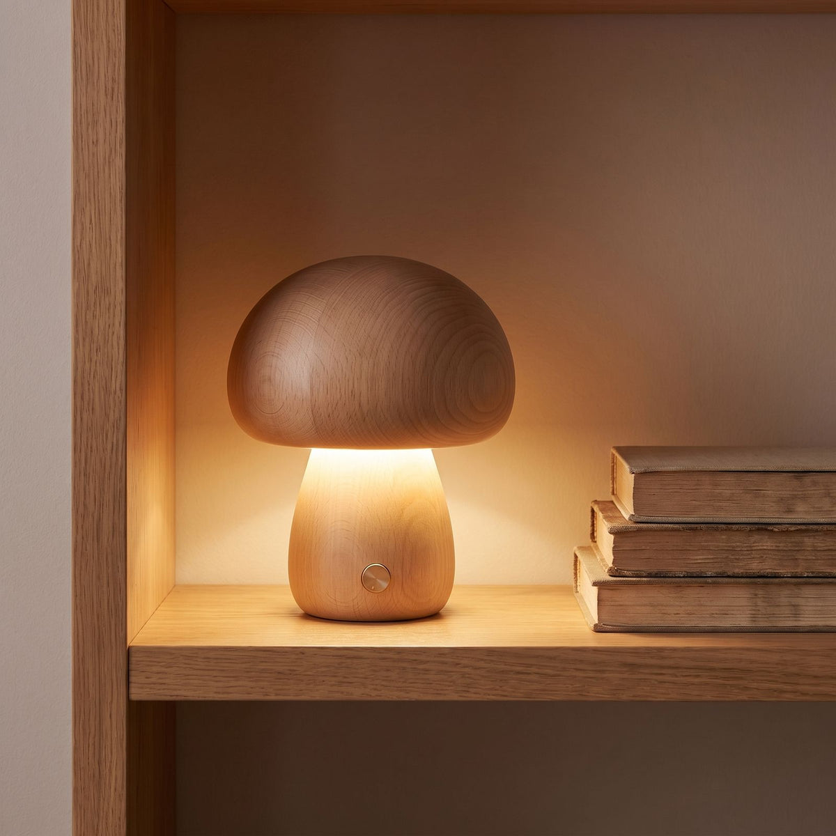 Wood mushroom touch LED table lamp on an oak shelf beside books