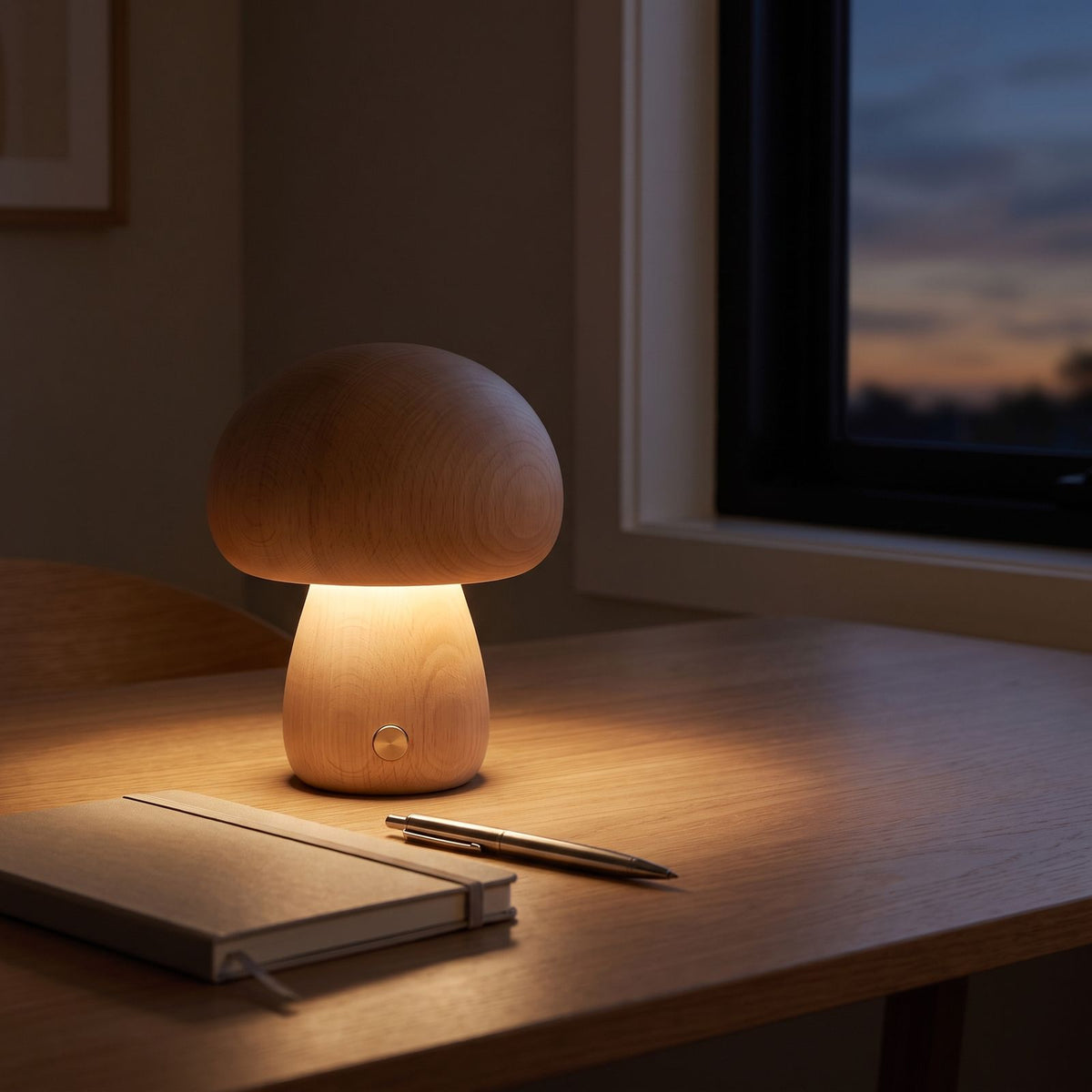 Wood mushroom touch LED table lamp on a home office desk