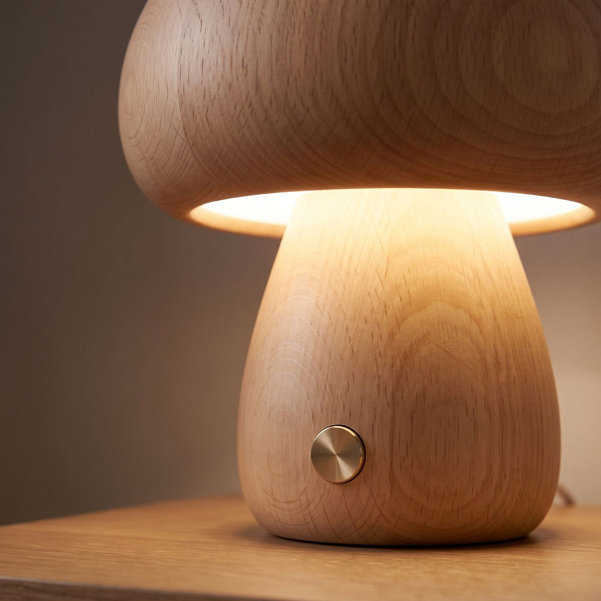 Close-up of the wood grain and brass touch button
