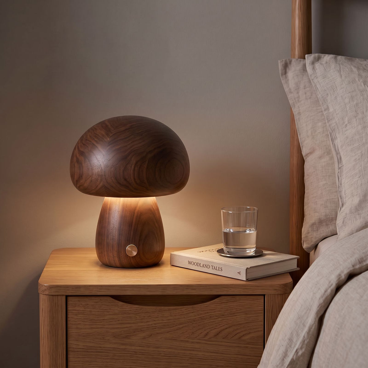 Natural Wood Mushroom Touch LED Table Lamp in walnut on a bedside table