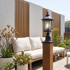 Octagonal Clear Glass Lantern Pillar Light on a timber deck post in daylight