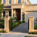 Octagonal Clear Glass Lantern Pillar Light at the driveway entrance, wide view of the house