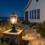 Octagonal Clear Glass Lantern Pillar Light on a garden wall pillar at night