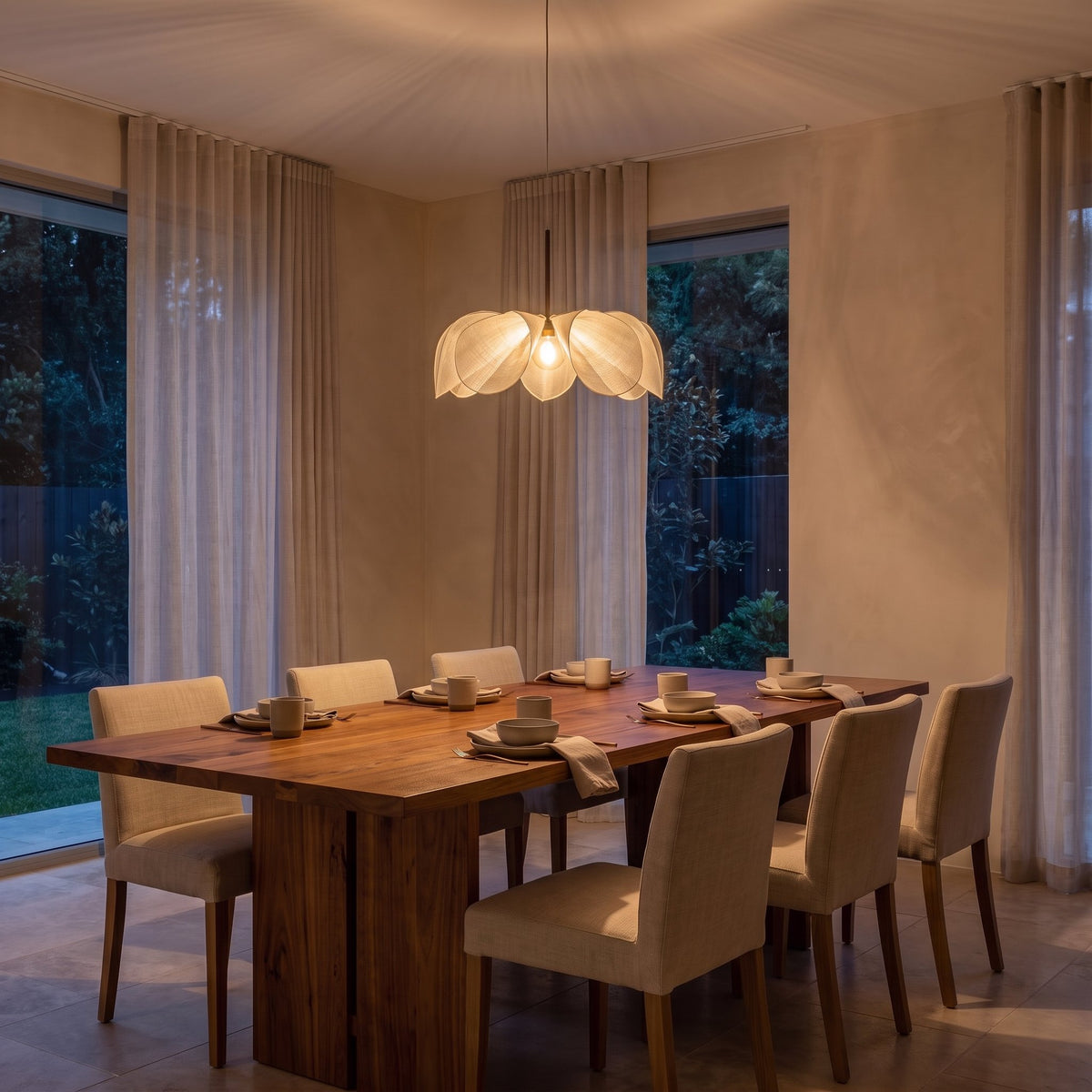 Open Petal Fabric Flower Pendant Light above a timber dining table
