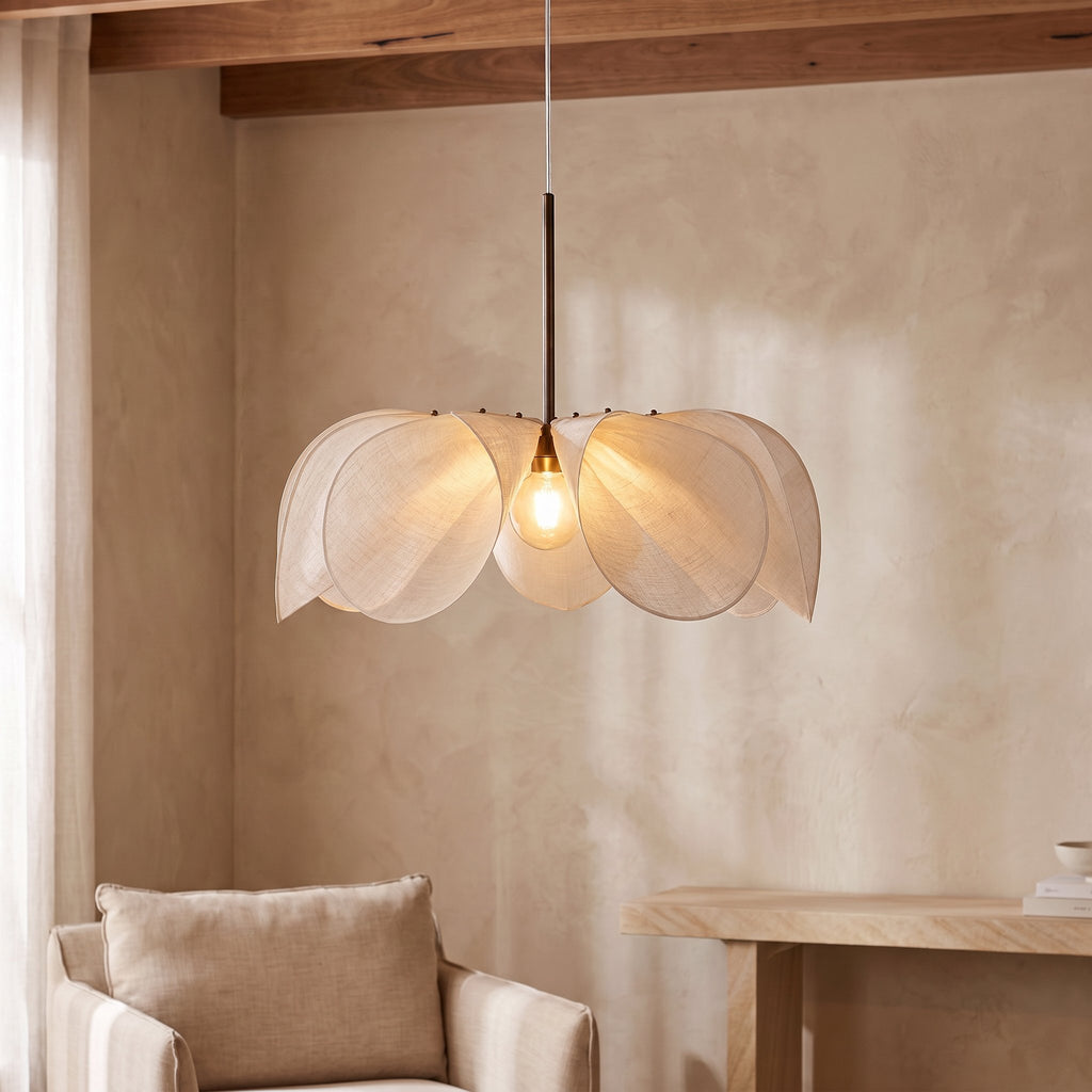 Open Petal Fabric Flower Pendant Light, close view from below