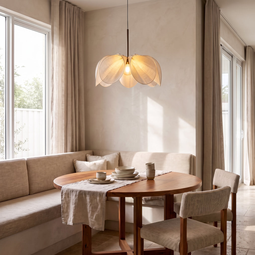 Open Petal Fabric Flower Pendant Light above a round table in a breakfast nook