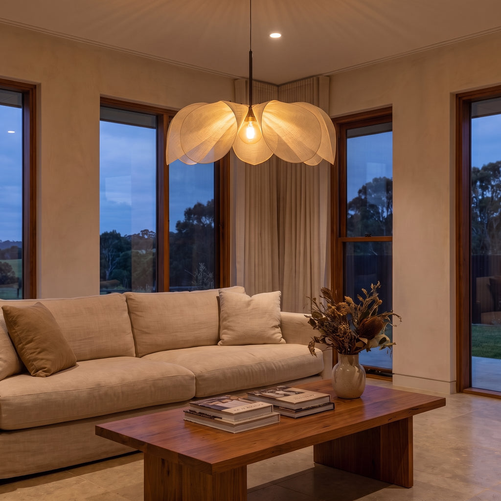 Open Petal Fabric Flower Pendant Light above a linen sofa in a living room