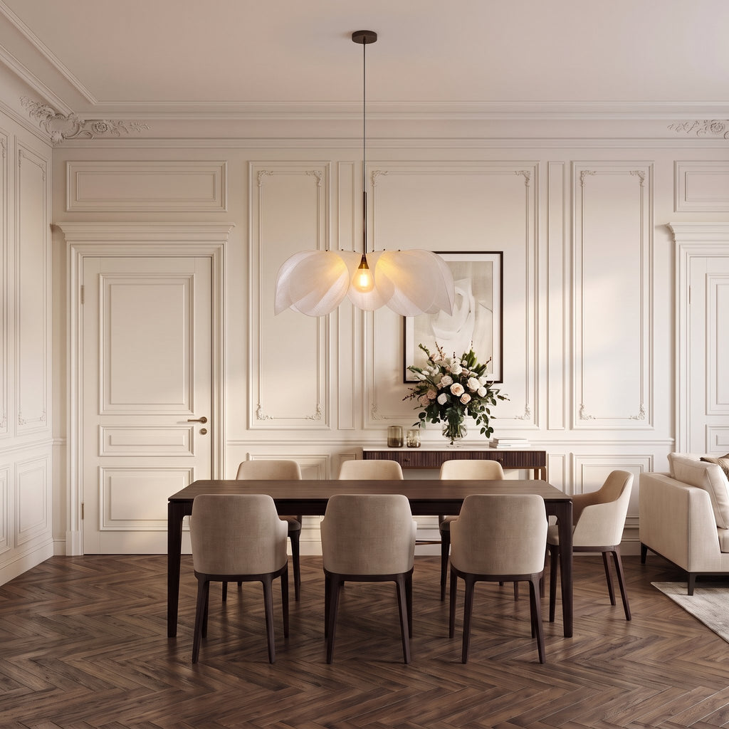 Open Petal Fabric Flower Pendant Light above a dining table beside a doorway, showing its size