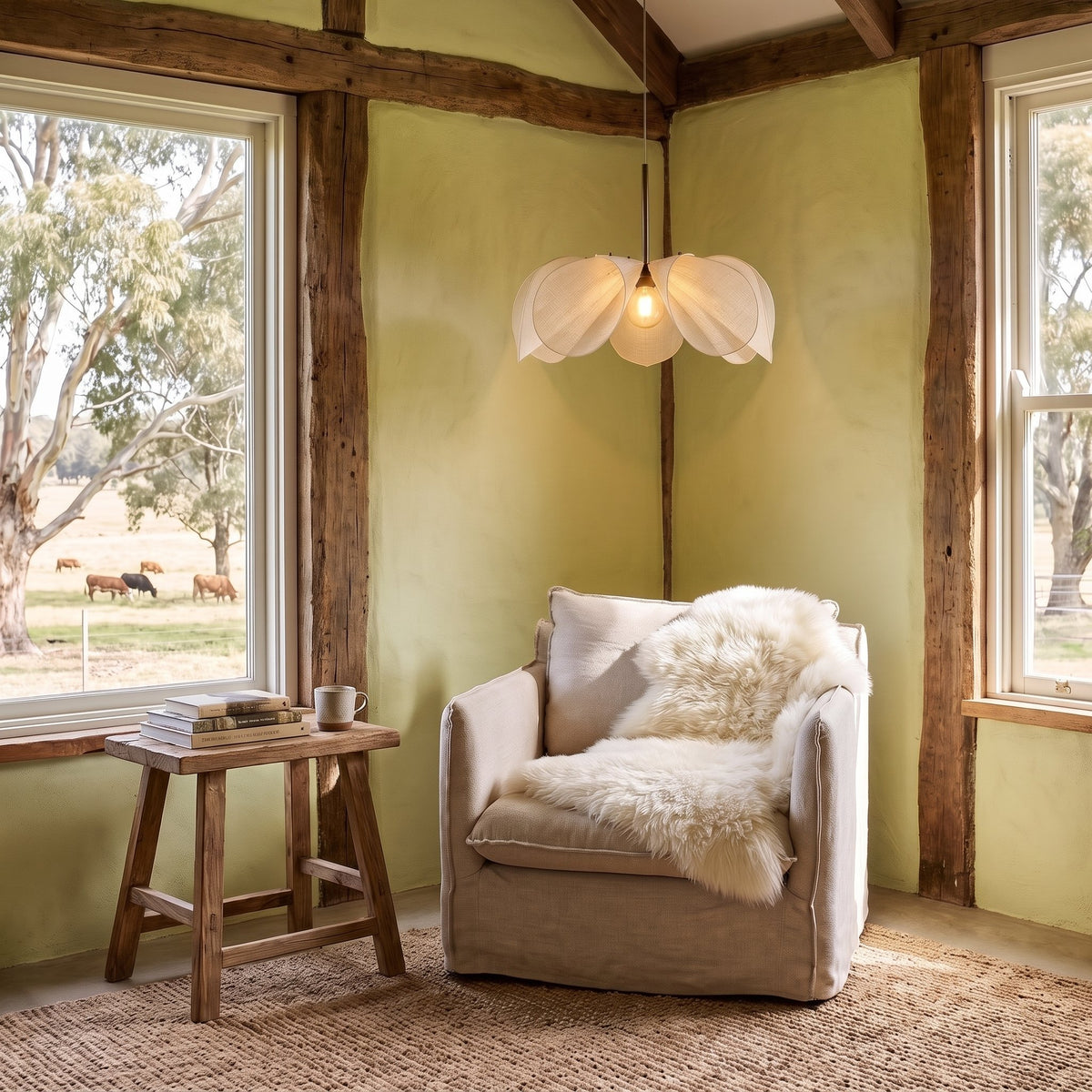 Open Petal Fabric Flower Pendant Light in a reading corner of a country home