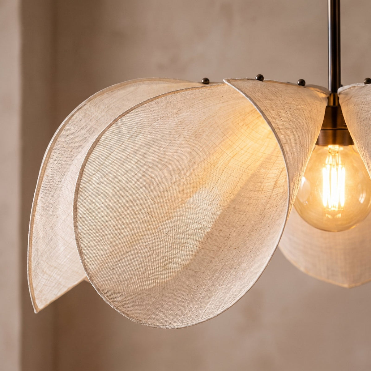 Open Petal Fabric Flower Pendant Light, close view of the woven fabric petals