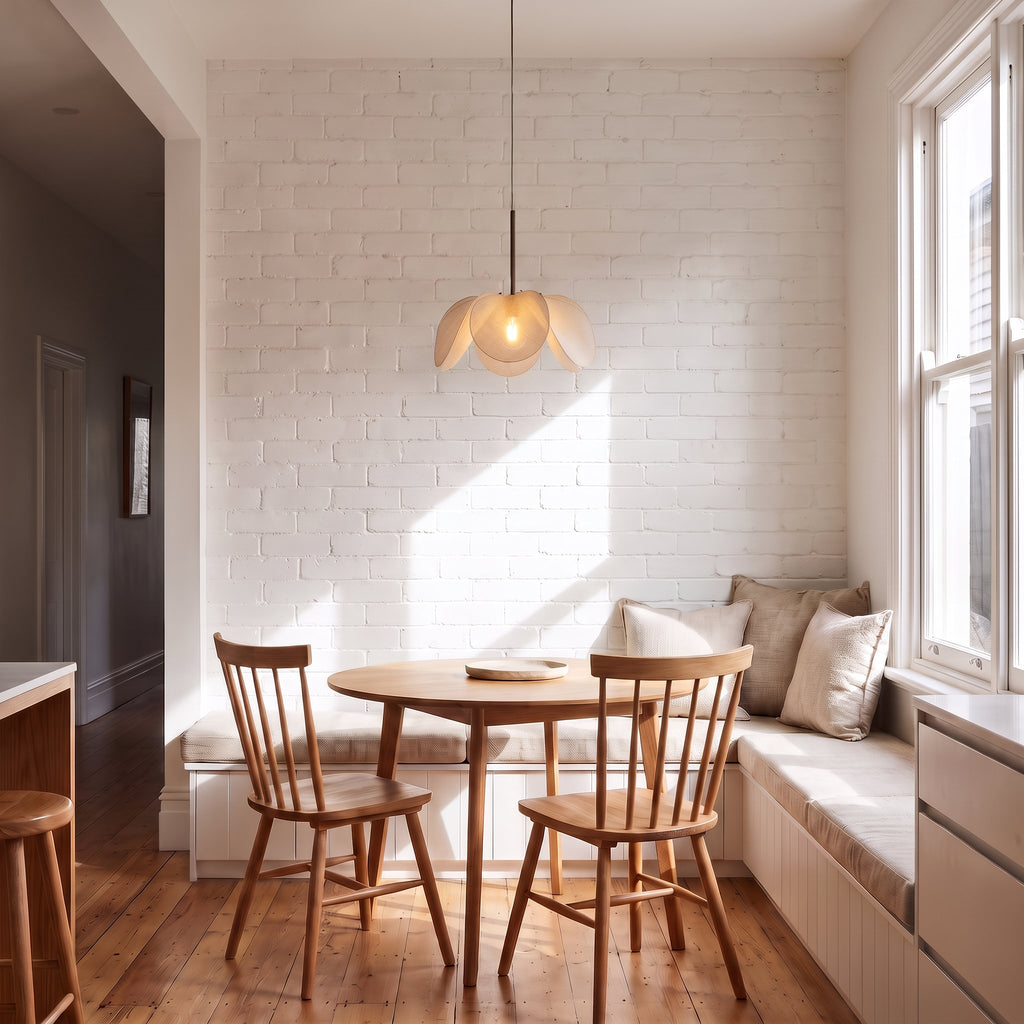 Open Petal Fabric Flower Pendant Light, 40 cm, above a small round table in a breakfast nook