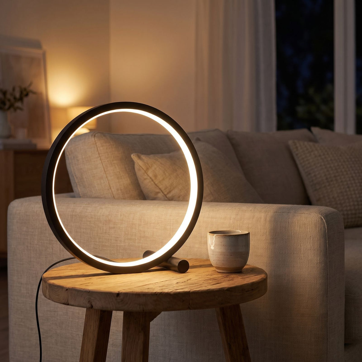 Black open ring table lamp on a side table beside a sofa