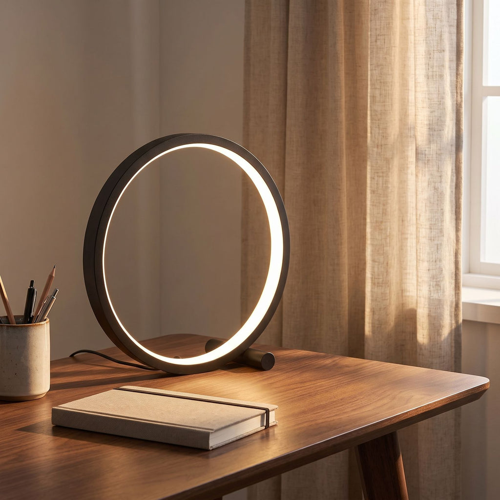 Black open ring table lamp on a home office desk