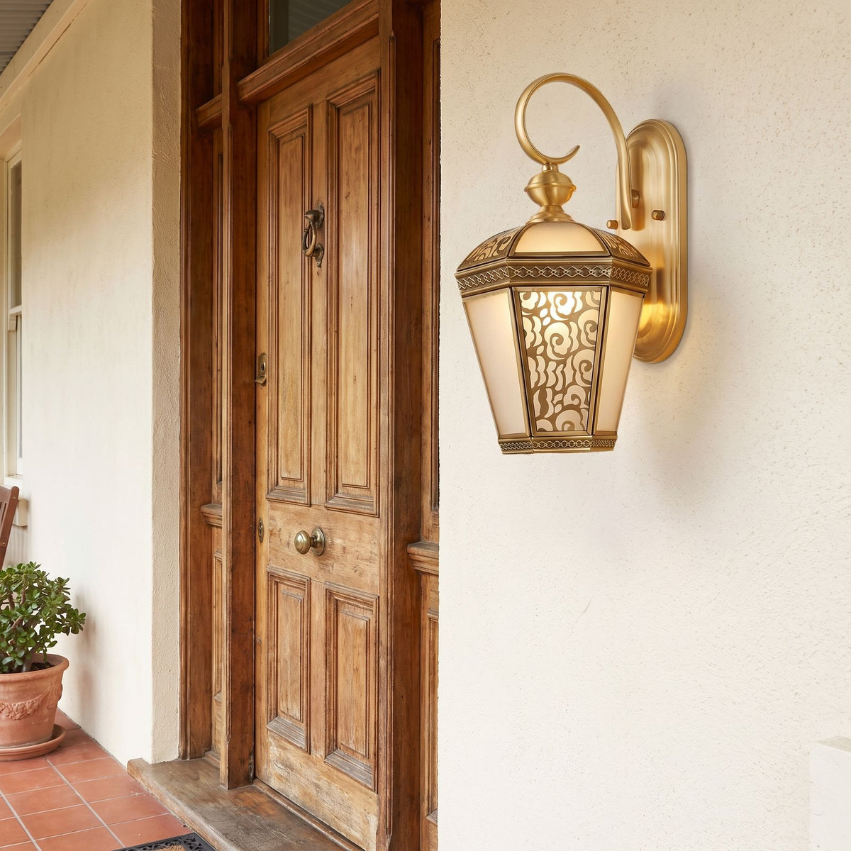 Ornate Brass and Glass Outdoor Wall Light beside a timber front door