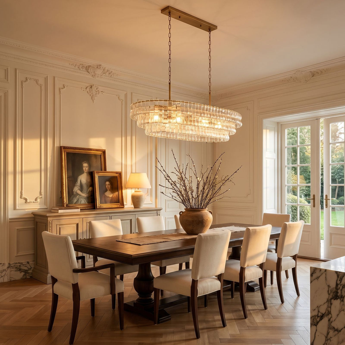 Oval Tiered Textured Glass Chandelier above a dining table at golden hour