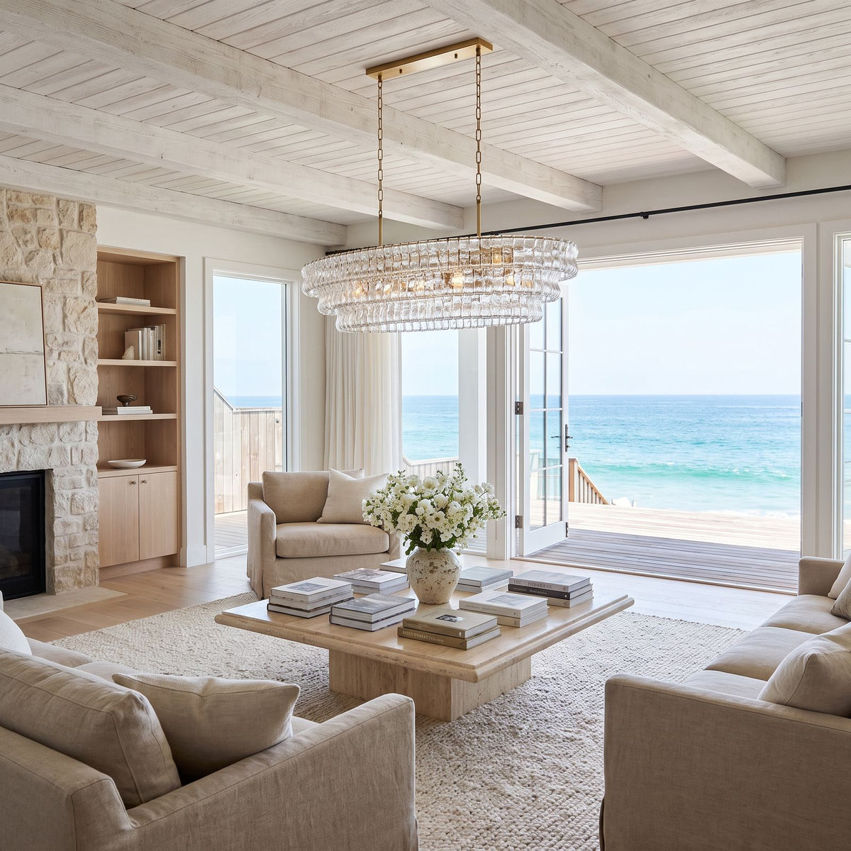 Oval Tiered Textured Glass Chandelier above a coffee table in a living room in daylight