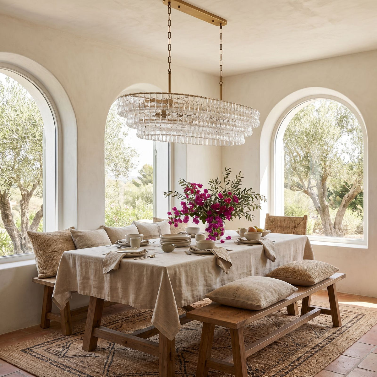 Oval Tiered Textured Glass Chandelier in a styled bedroom in soft daylight
