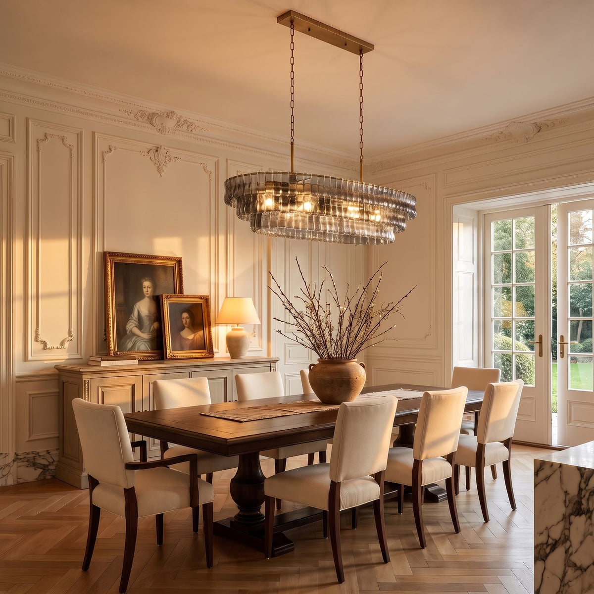 Oval Tiered Textured Glass Chandelier with smoke glass above a dining table at golden hour