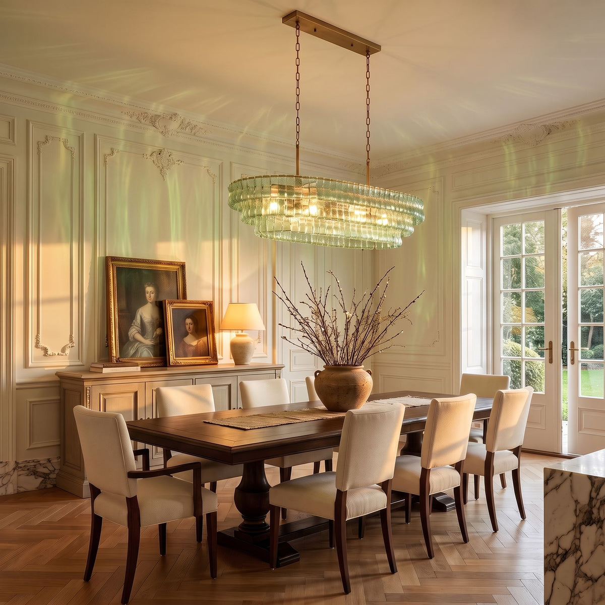 Oval Tiered Textured Glass Chandelier with green glass above a dining table at golden hour