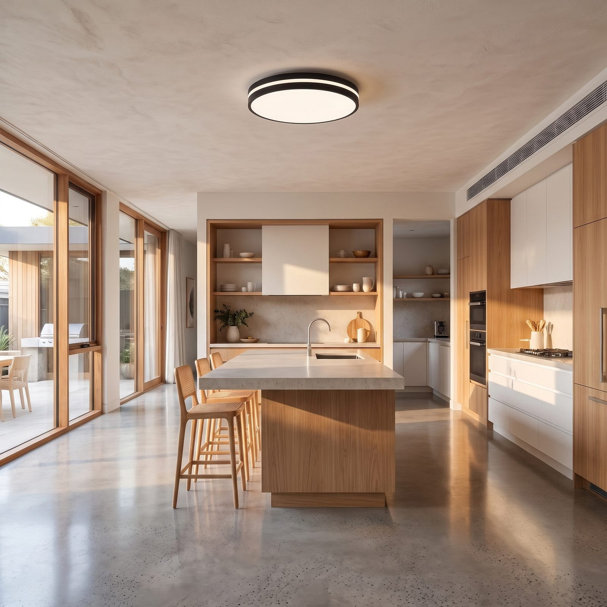 Overlapping rings LED ceiling light in a wide living room view