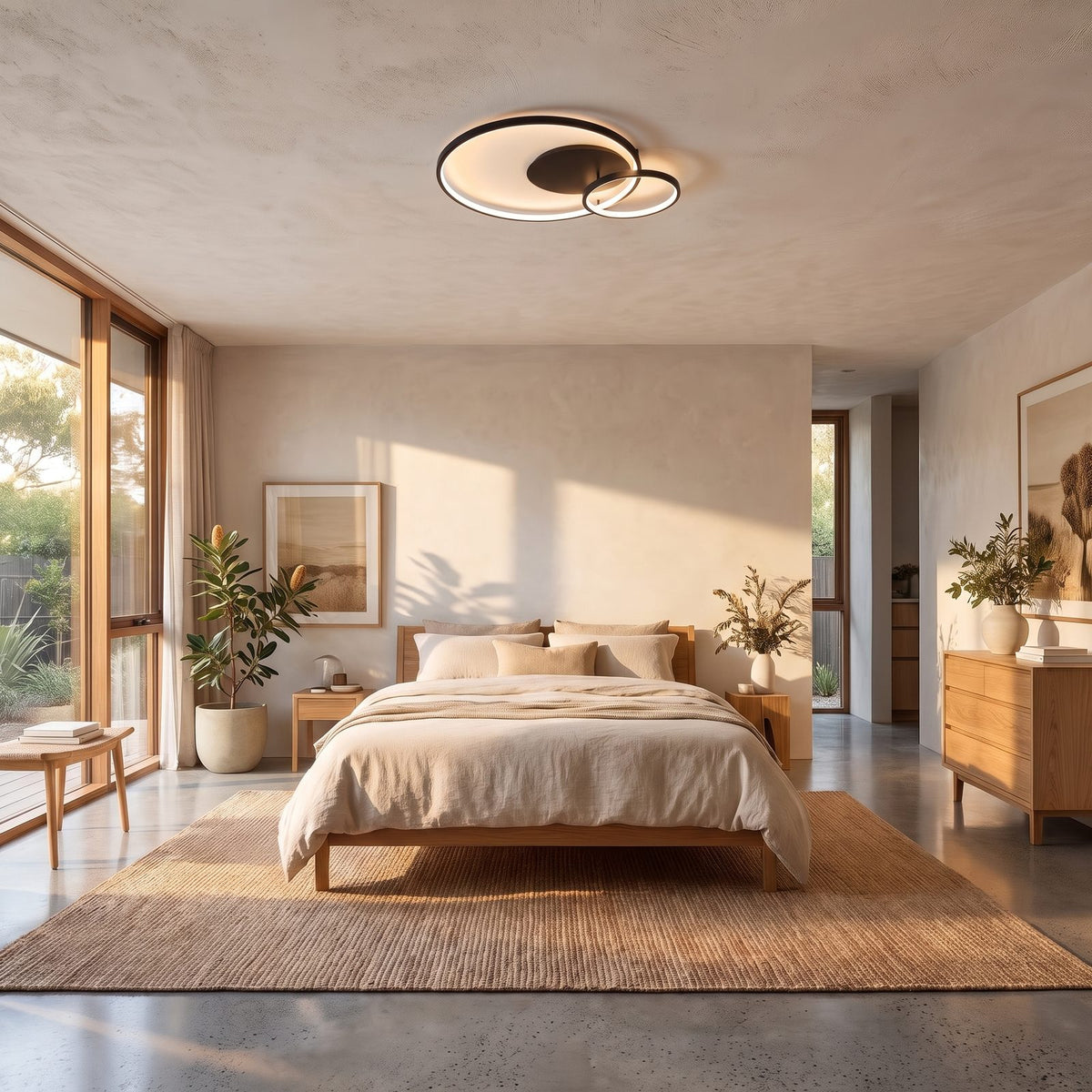 Overlapping rings LED ceiling light on a dining room ceiling at night