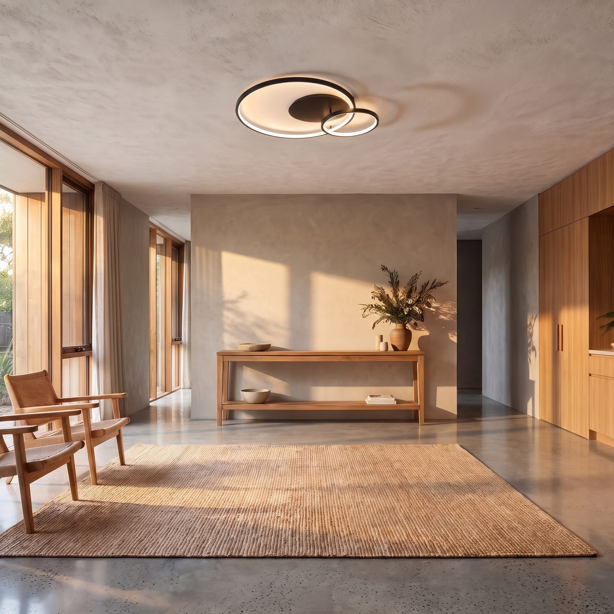 Overlapping rings LED ceiling light on a home office ceiling in daylight