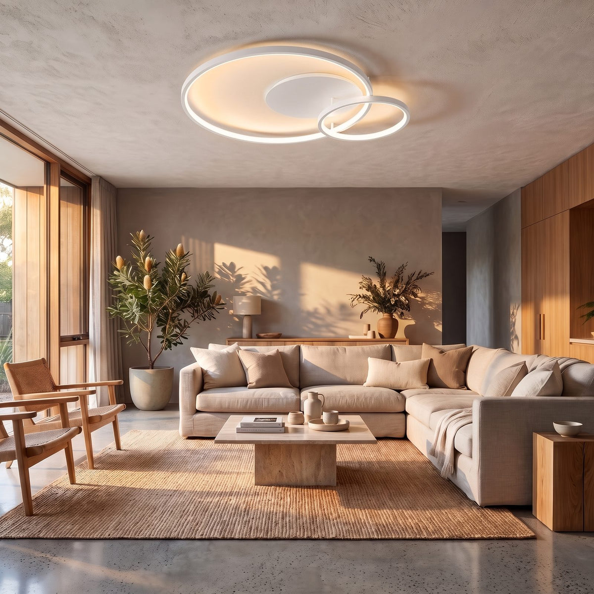 Overlapping Rings Remote Control LED Ceiling Light in white on a bedroom ceiling