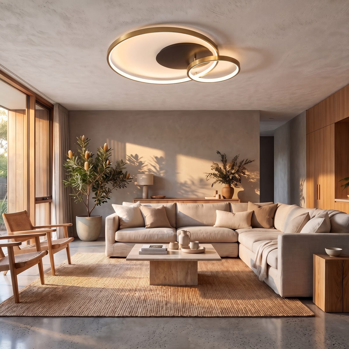 Overlapping Rings Remote Control LED Ceiling Light in gold on a bedroom ceiling