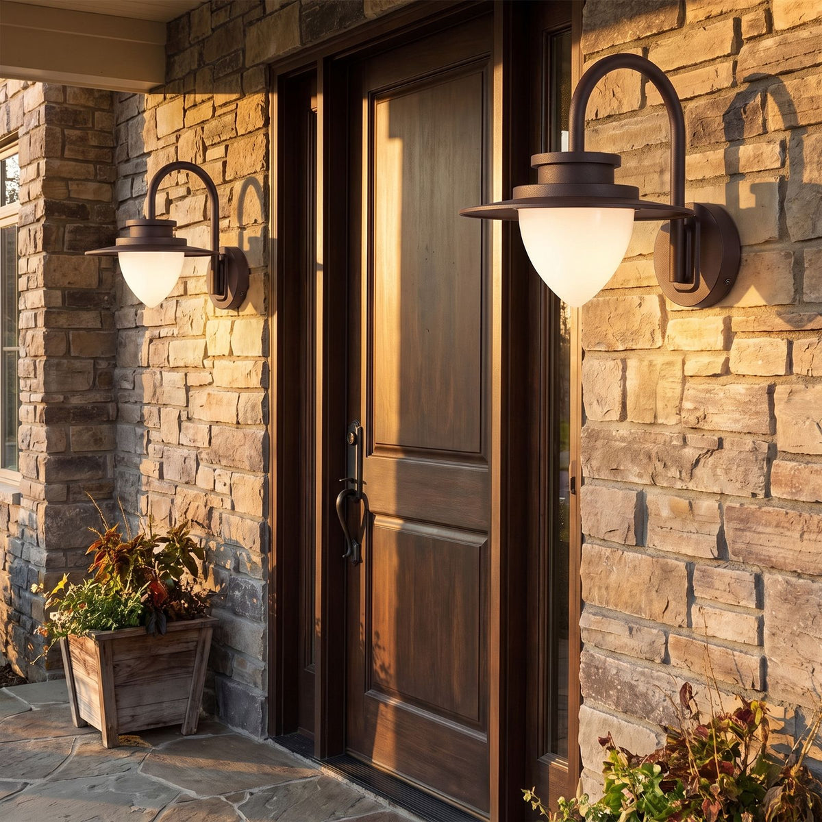 Pine Cone Glass Gooseneck Outdoor Wall Light in a pair on the facade of an Australian home