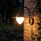 Pine Cone Glass Gooseneck Outdoor Wall Light glowing on a garden wall at night