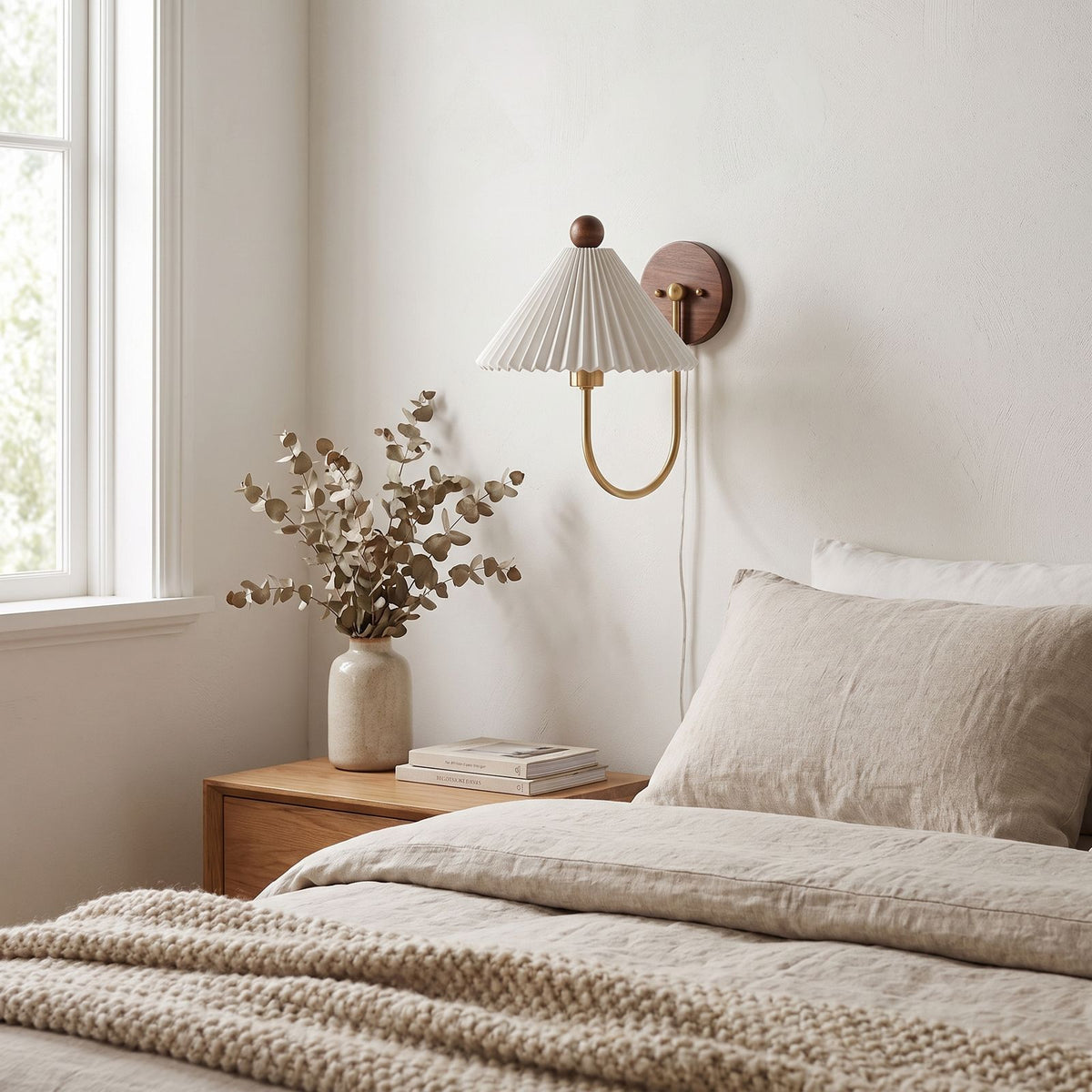 Pleated Ceramic Shade Bedside Wall Light on a bedroom wall beside the bed
