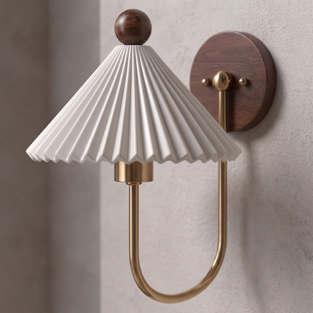 Pleated Ceramic Shade Bedside Wall Light, close view at 45 degrees on a plaster wall