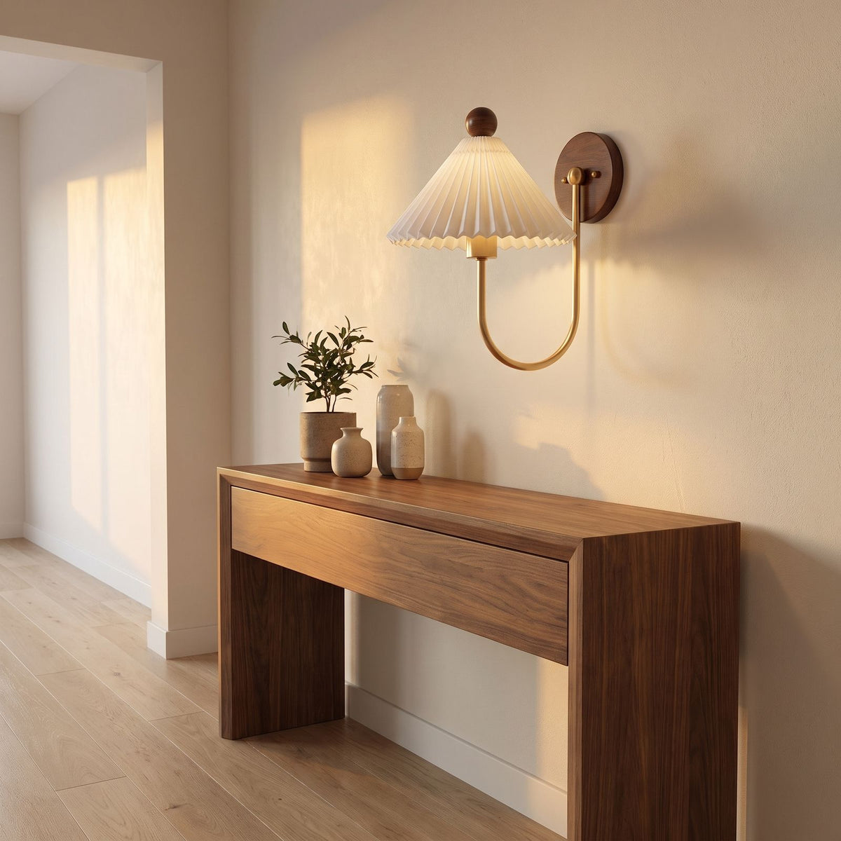 Pleated Ceramic Shade Bedside Wall Light in a hallway above a timber console