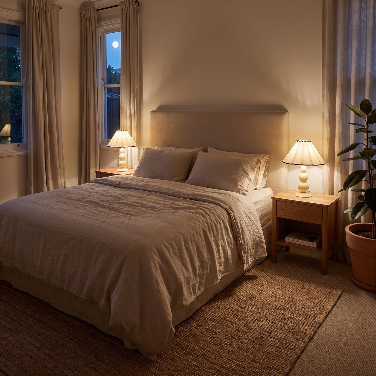 Pair of Scalloped Pleated Shade Bobbin Table Lamps on bedside tables either side of a bed in a bedroom at night