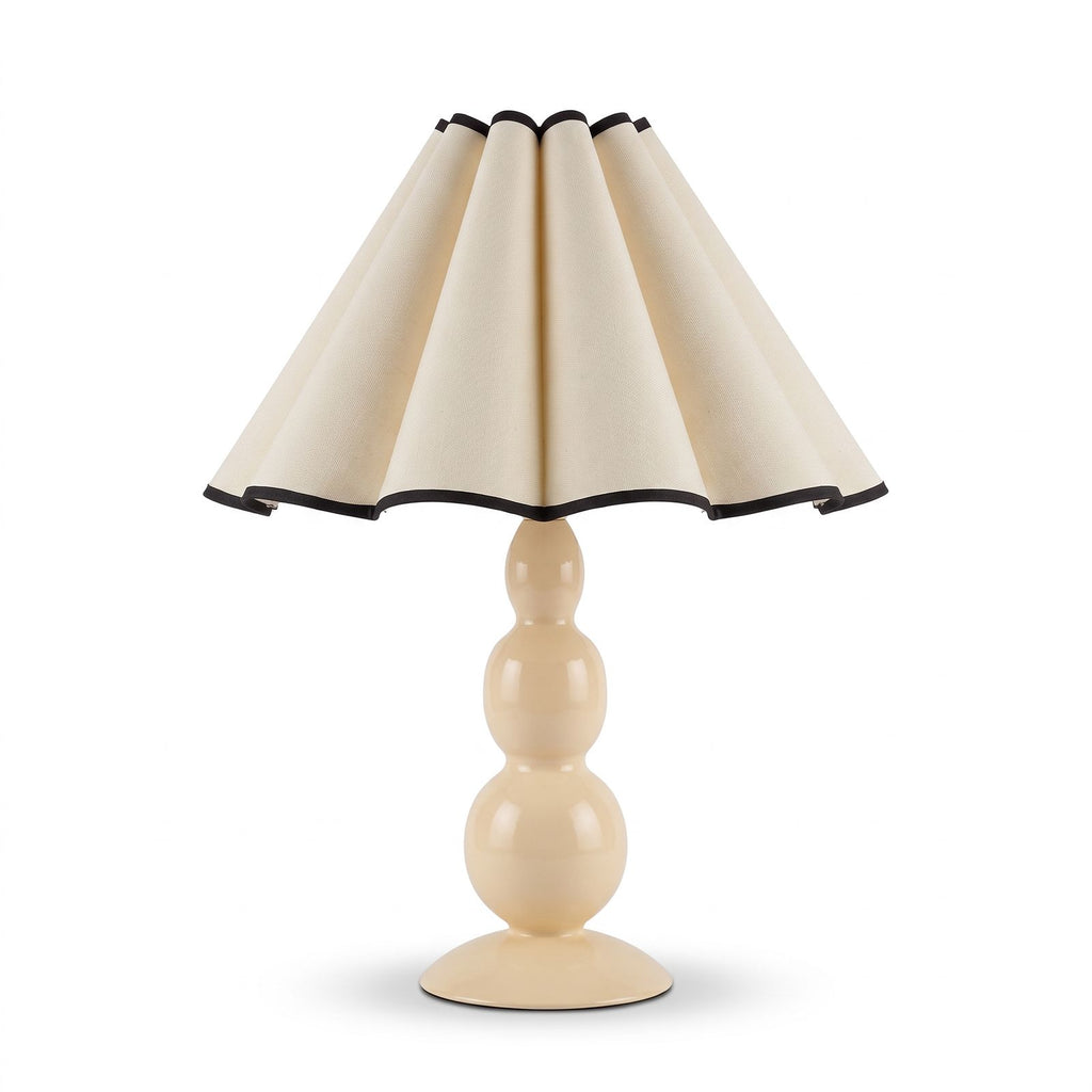 Scalloped Pleated Shade Bobbin Table Lamp in cream with black trim on a white background