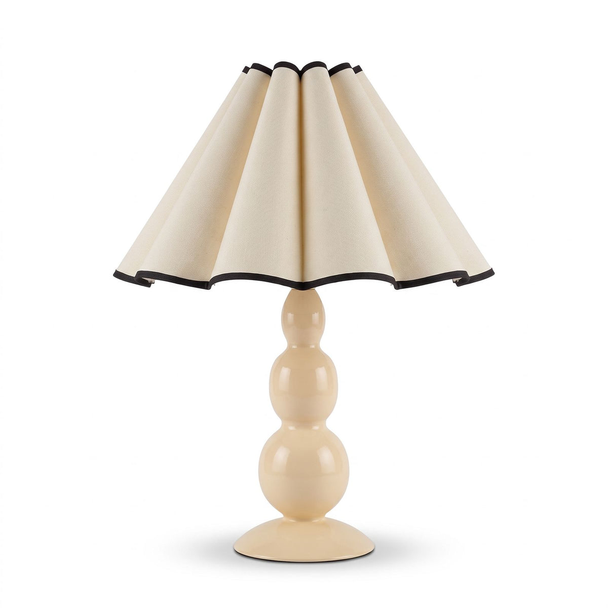 Scalloped Pleated Shade Bobbin Table Lamp in cream with black trim on a white background