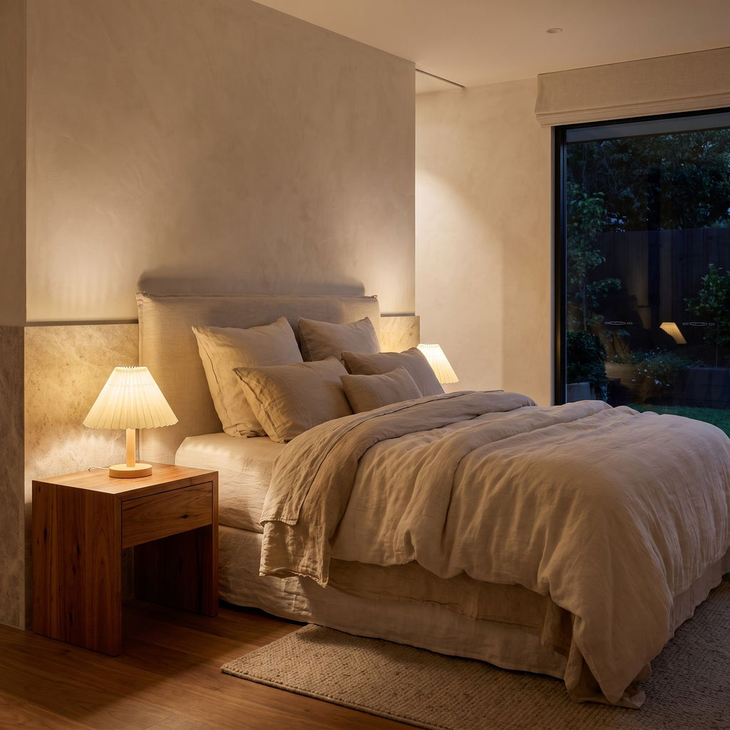 Pleated Shade Solid Wood Bedside Table Lamp on a bedside table