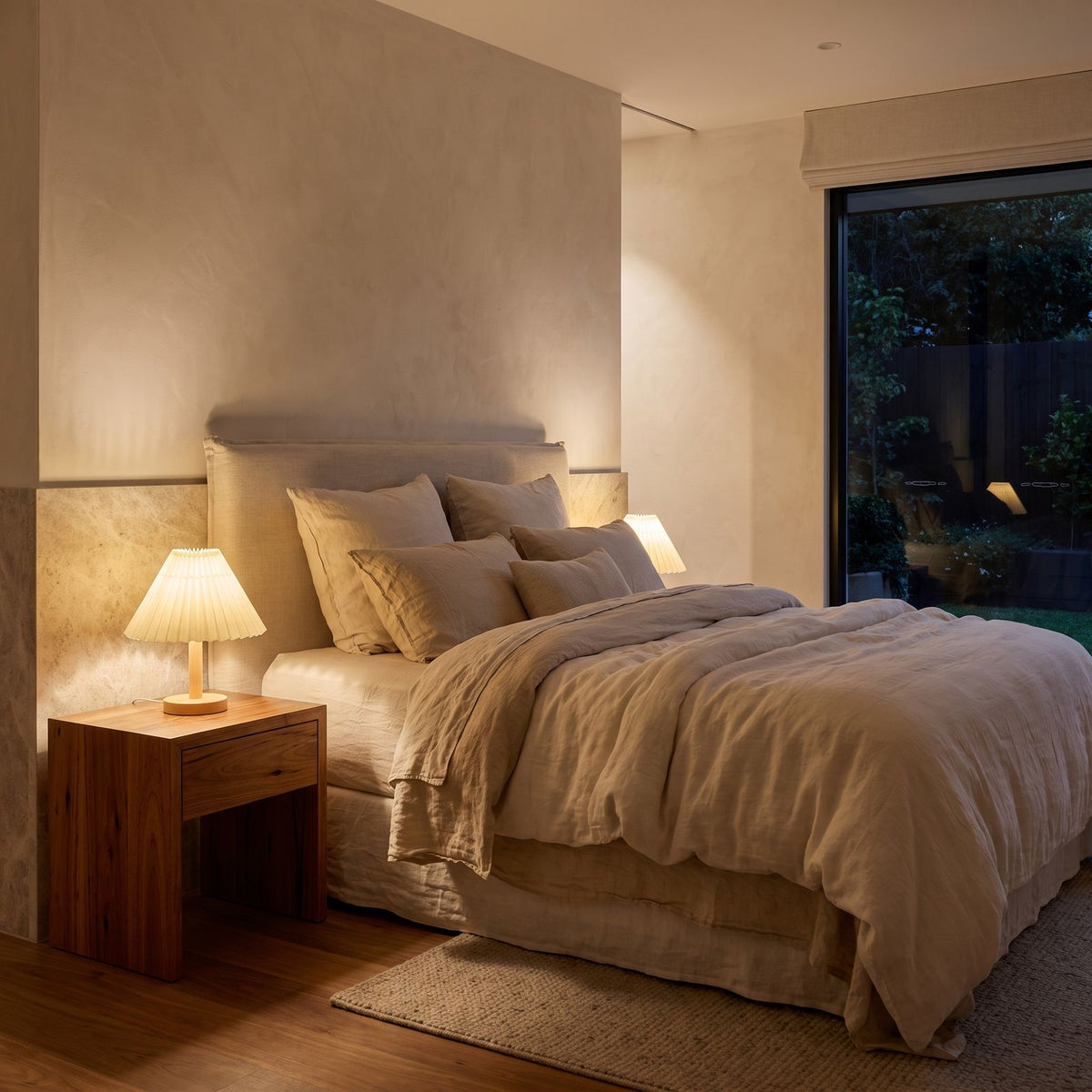 Pleated Shade Solid Wood Bedside Table Lamp on a bedside table