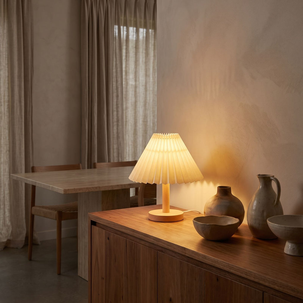 Pleated Shade Solid Wood Bedside Table Lamp on a timber sideboard in a dining room