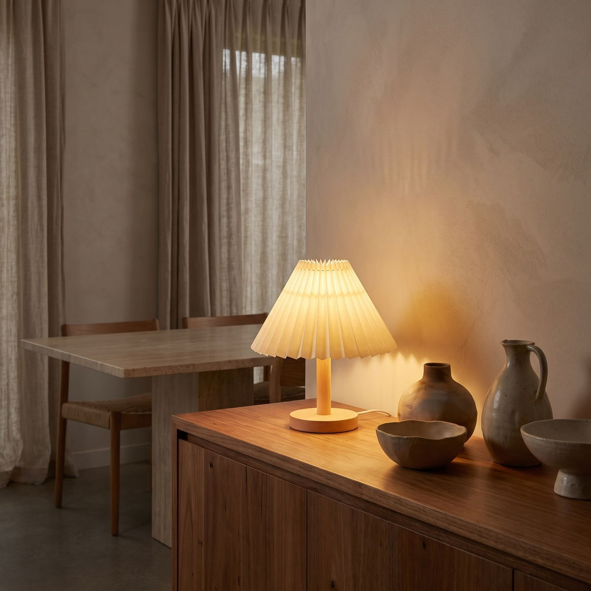 Pleated Shade Solid Wood Bedside Table Lamp on a timber sideboard in a dining room