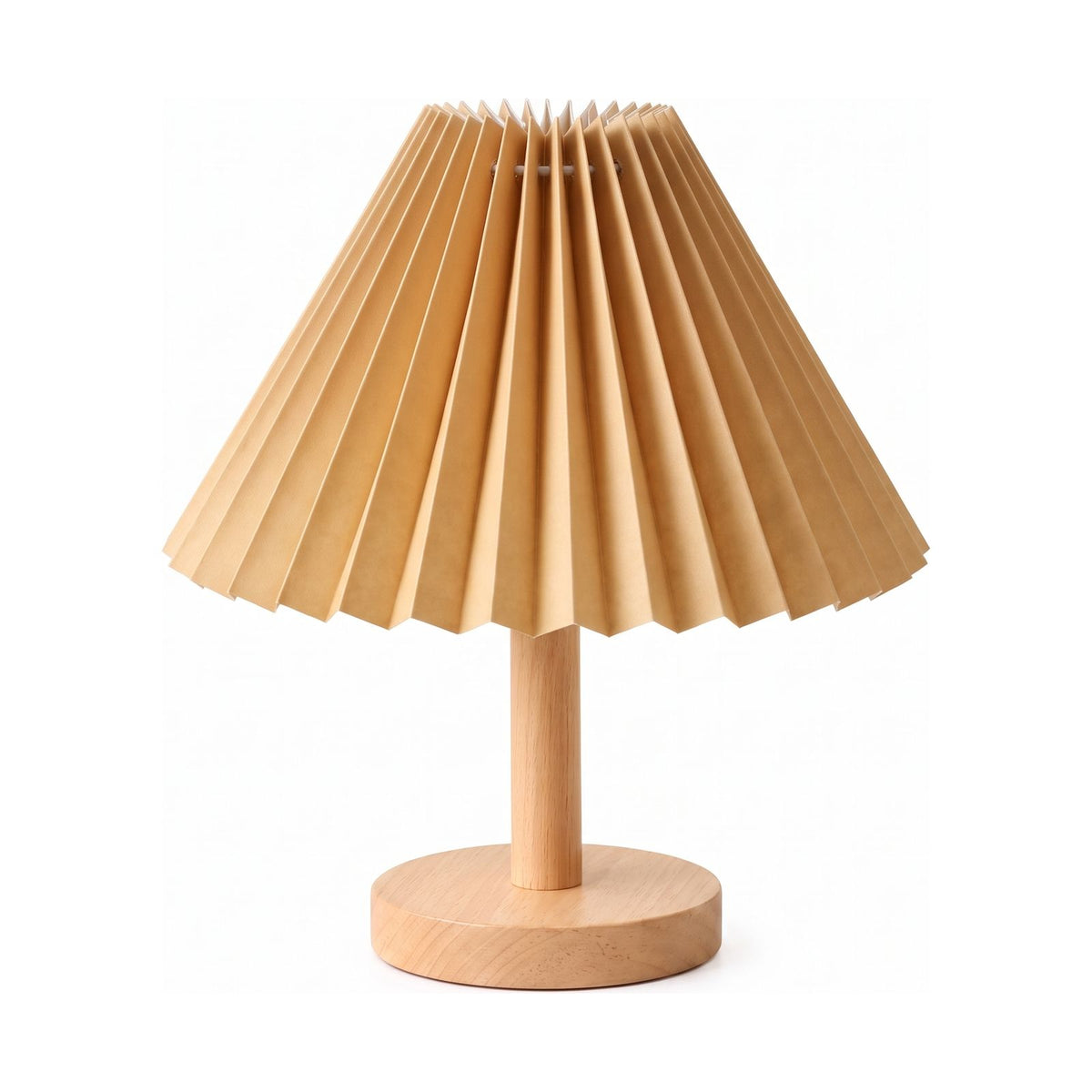 Pleated Shade Solid Wood Bedside Table Lamp with khaki shade on a white background