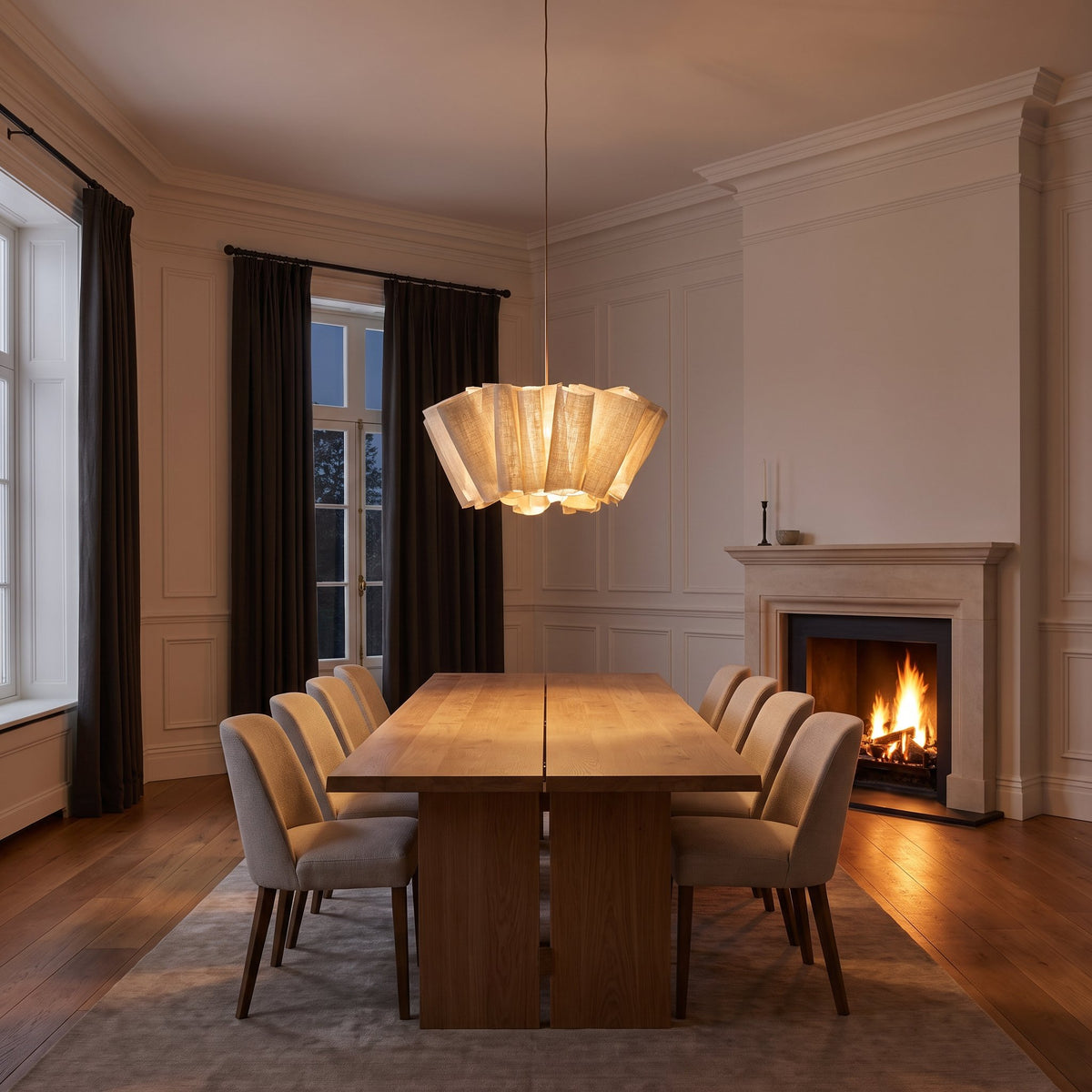 Pleated Wave Linen LED Pendant Light, Ø60 cm, above a dining table in a classic panelled dining room with a fireplace